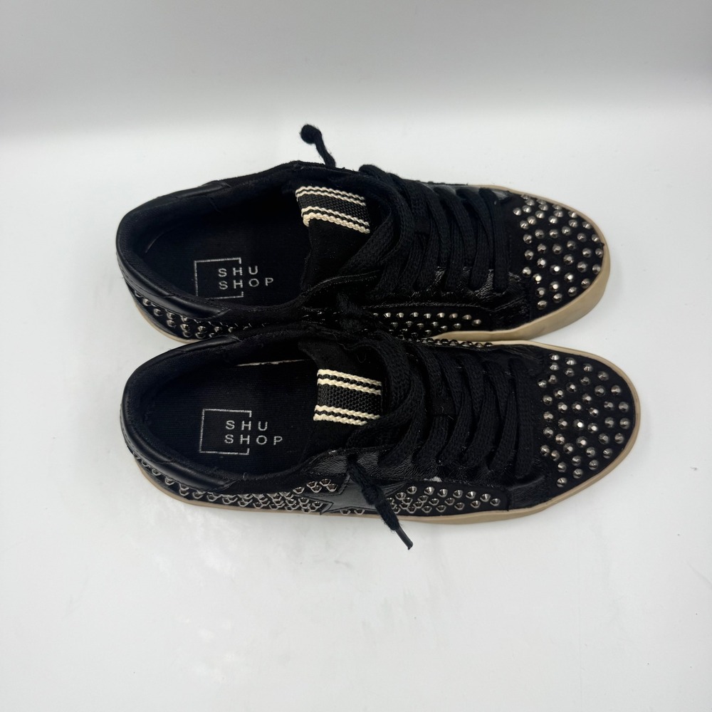 Shu Shop Rockstar Black Studded Star Low Top Sneakers Womens Size 6 Black Tan - Picture 5 of 11